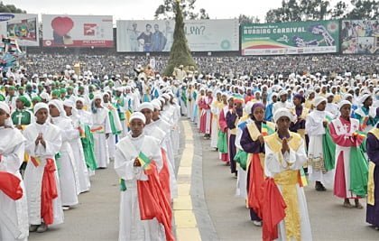Ethiopian Orthodox church singers are singing on Meskel festival