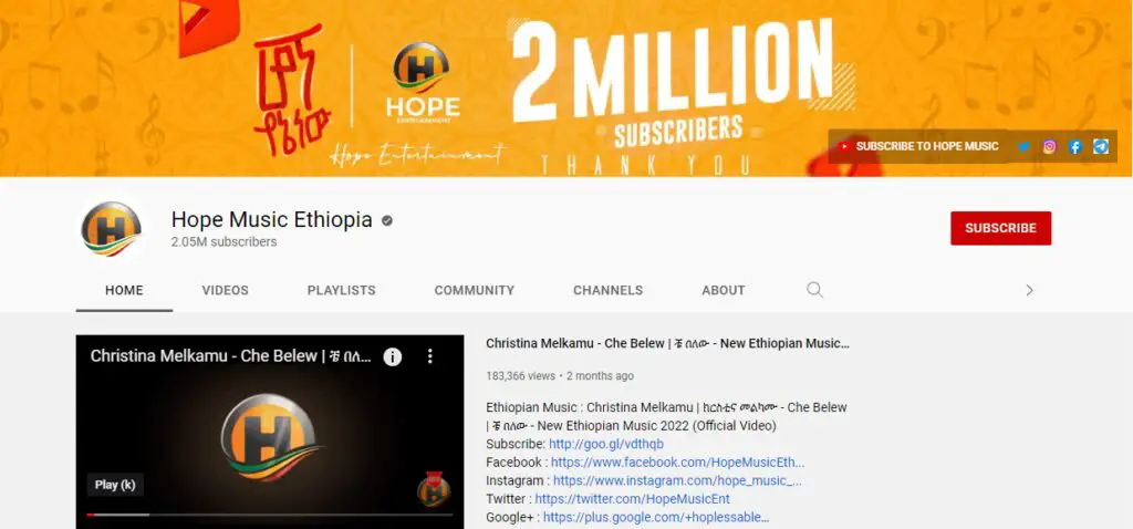 HOPE MUSIC Ethiopian YouTube channel