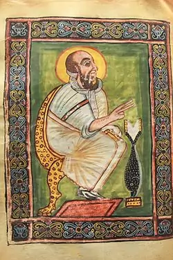 Illustration of Mark the Evangelist, from the page of the Garima gospels.
